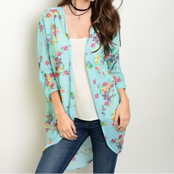 Aqua floral kimono cardigan - Picture 2 of 3
