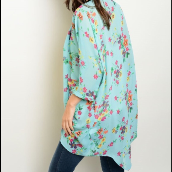 Aqua floral kimono cardigan - Picture 3 of 3