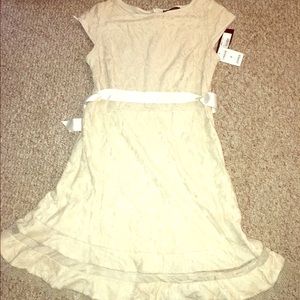 NWT tan fit and flare SL Fashions lace dress
