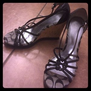 Black/tan and brown Coach wedges