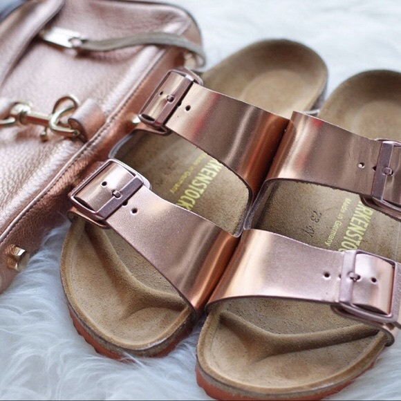 metallic rose gold birkenstocks