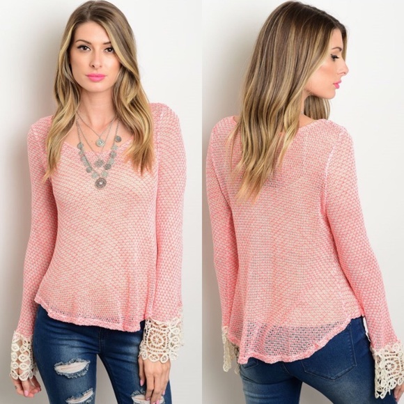 Boutique Sweaters - 🎉CLEARANCE🎉 Pink & Cream Long Sleeve Crochet Top