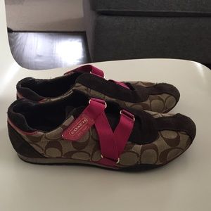 Coach logo/brown suede shoes.
