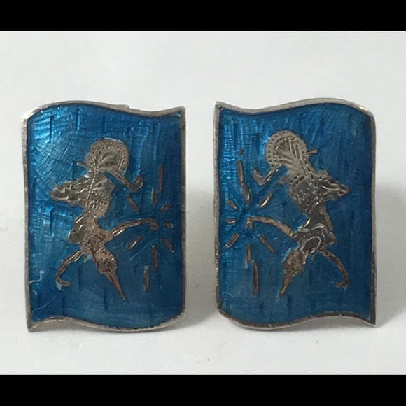 Beautiful 925 Silver Blue Enamel Siam Clip Earring