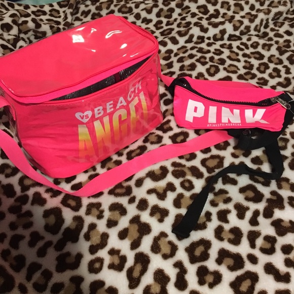 VS Pink fanny pack and beach cooler