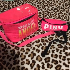 VS Pink fanny pack and beach cooler