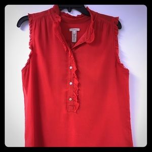 J. Crew Size 10 Red Ruffle half button Blouse
