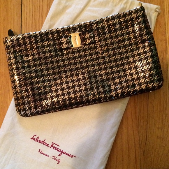 Salvatore Ferragamo black & gold sequin clutch