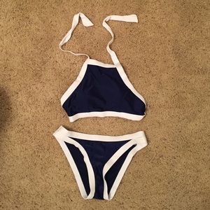 Navy blue and white high-neck bikini