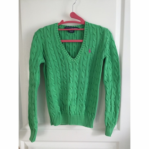 Green cable knit Ralph Lauren Polo V-neck sweater