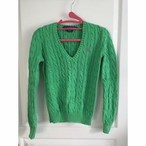 Green cable knit Ralph Lauren Polo V-neck sweater