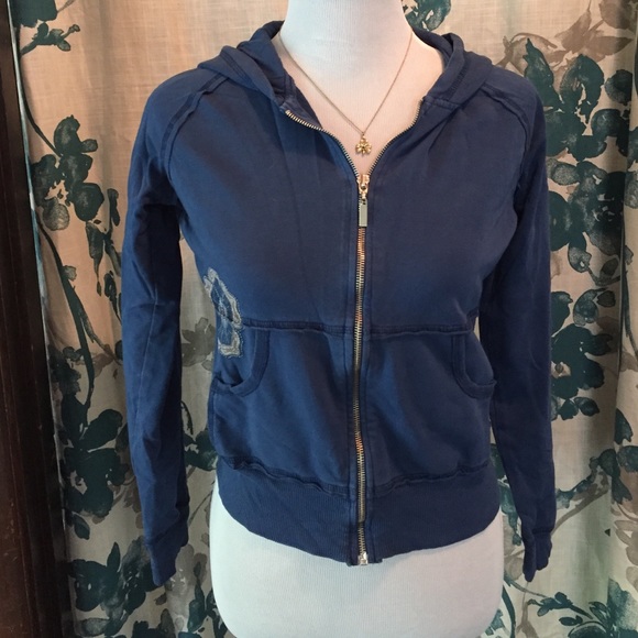 Blue hoodie with printed floral design on back