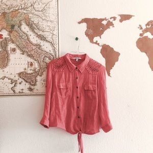 Papaya Lace-Back Breezy Coral Button-Up Blouse