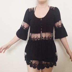 Black Lace Button Up Kimono