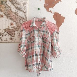 Papaya Plaid Lace-back Button-down Blouse