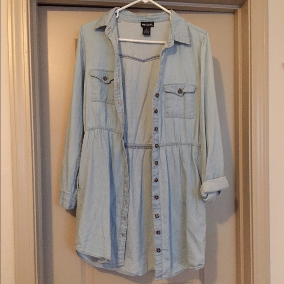 Long sleeve denim dress with elastic waist band