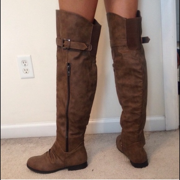 Brown over the knee buckle riding boots