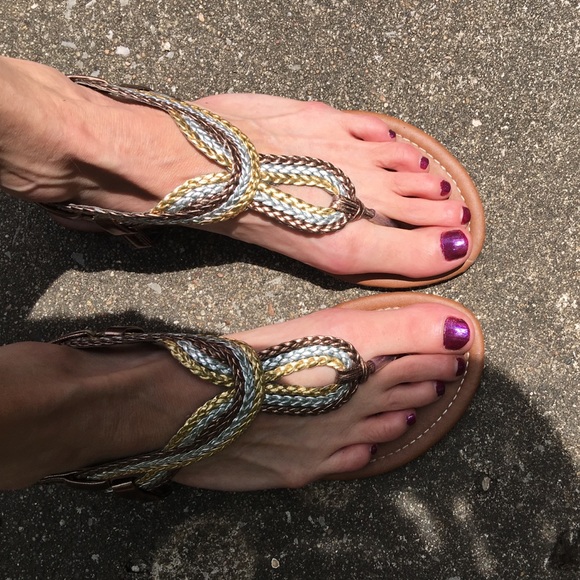 Darling silver, gold and copper braided sandals.