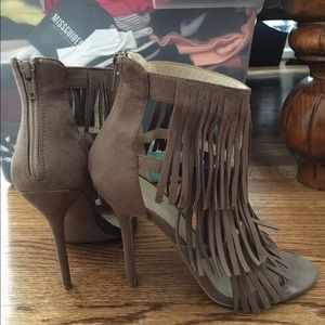 Suede Fringe Heeled Open Toe Bootie/Sandal