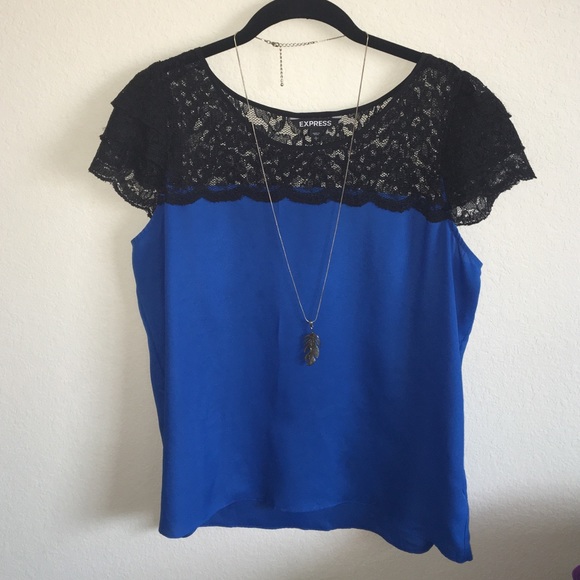 Express flowy blouse with sheer lace cap sleeves