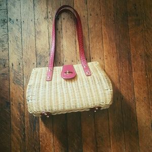 Wicker Hand Bag with Red Hardware