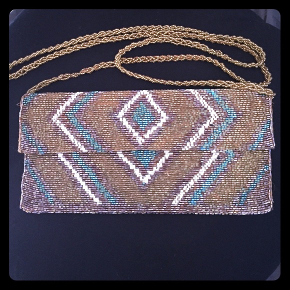 Beaded brown, gold, white and turquoise Bag
