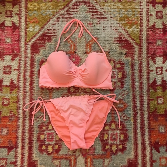Neon peach scalloped bikini