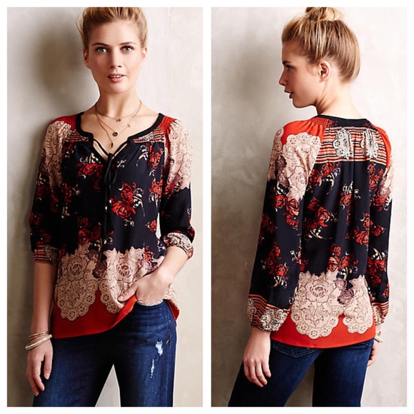 Anthropologie Tops - Anthropologie Blossomed Silk Peasant Top