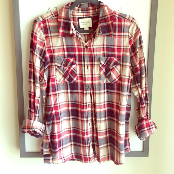 F21 navy, red, and cream button up