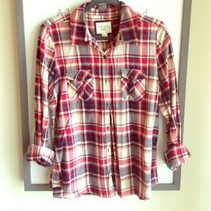 F21 navy, red, and cream button up