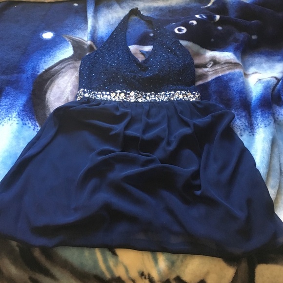 Blue sequin & chiffon semi formal halter dress
