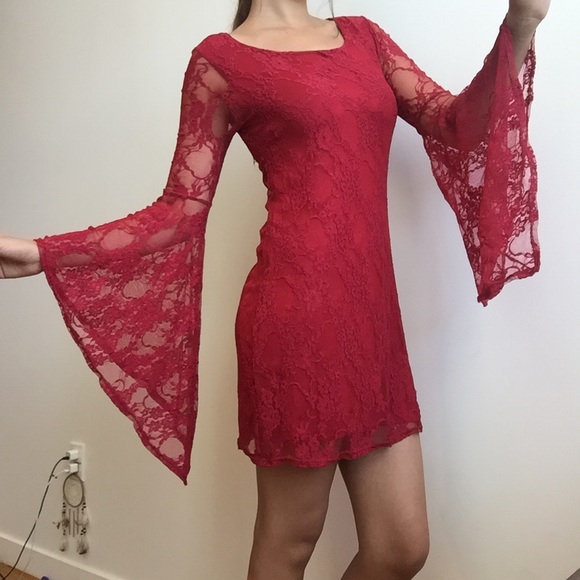 Red, Lace, Poet-Sleeve Dress