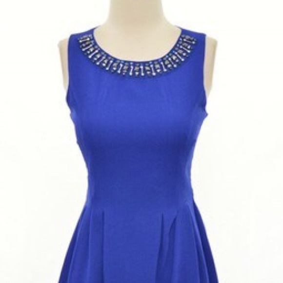 Jewel Collar Cobalt Blue A Line Dress - Picture 2 of 4