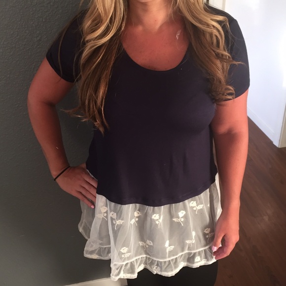 Tops - Navy and white lace blouse