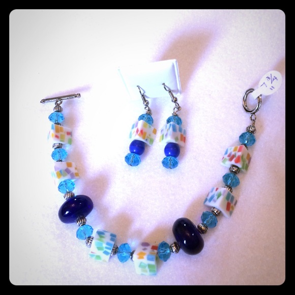 FINAL SALE PRICE Handmade OOAK Candy in Blues Bracelet & ER Set