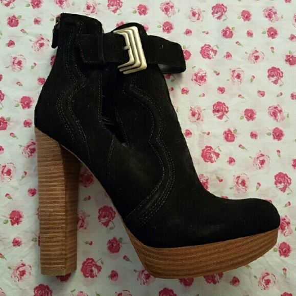 Black suede high heel booties with back zipper
