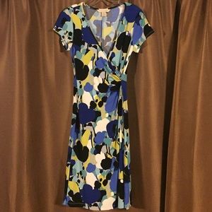 Abstract floral print faux wrap dress