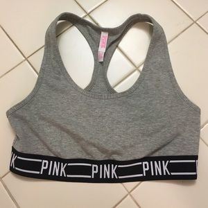 Gray logos sports bra from pink