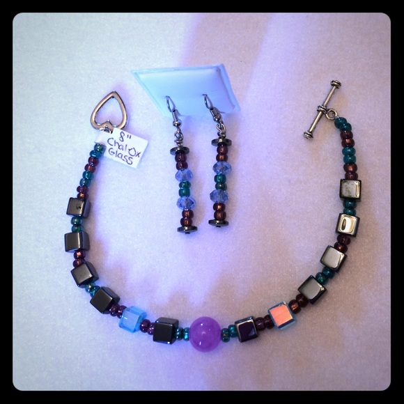FINAL SALE PRICE Handmade Chalcedony/Onyx/Glass Bracelet & ER Set