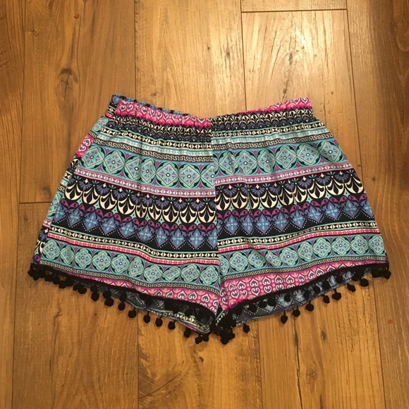 Patterned Elastic Shorts with Pom-Poms