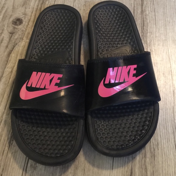 Black and Pink Nike slides