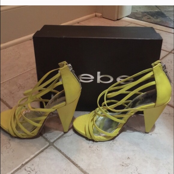 BEBE STRAPPY LEATHER SANDALS HEELS YELLOW - Picture 3 of 4