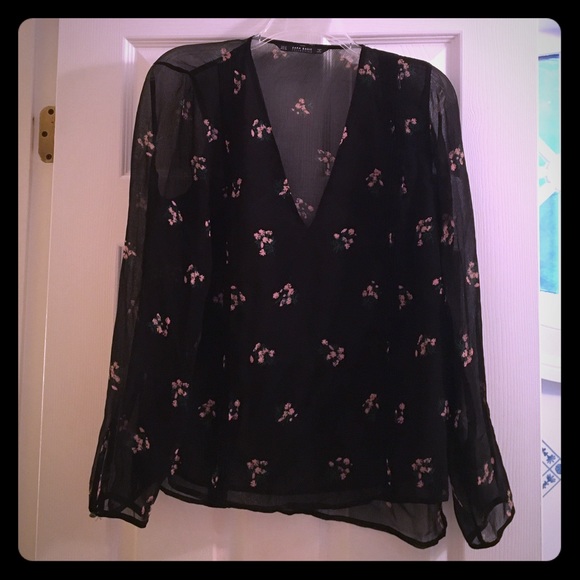 Zara Black Floral Deep V Neck Blouse