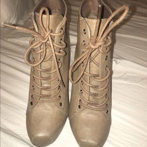 Tan lace up high heel booties