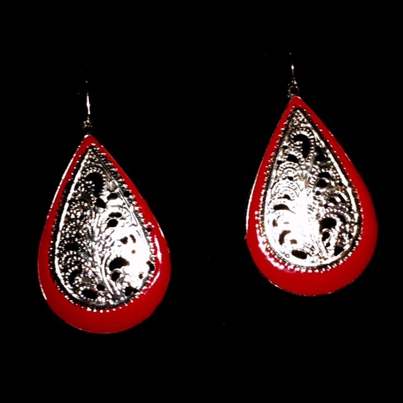 Silver & Red Filigree Teardrop Earrings