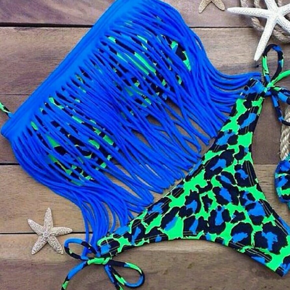 Fits Small-Blue Leopard Fringed Bikini Never Worn - Picture 1 of 4