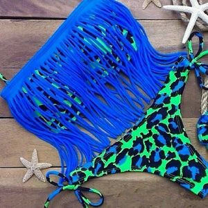 Fits Small-Blue Leopard Fringed Bikini Never Worn