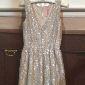 XS special occasion dress, taupe with gold detail