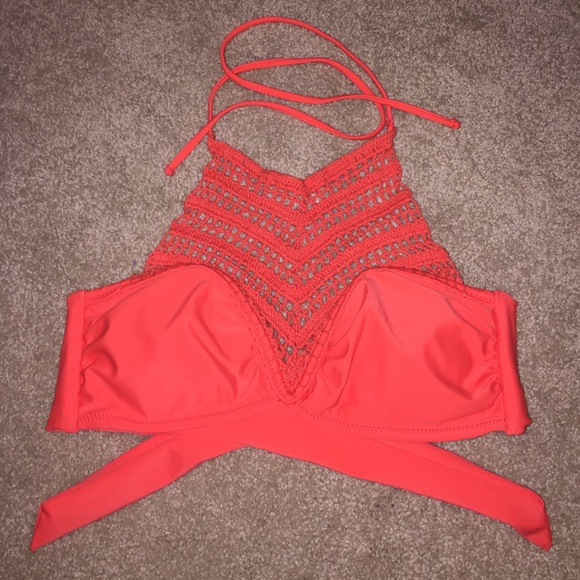 NWOT Red/Orange Halter Bikini W/ Crochet Detail