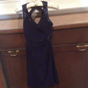 Navy cocktail dress w/sequined straps